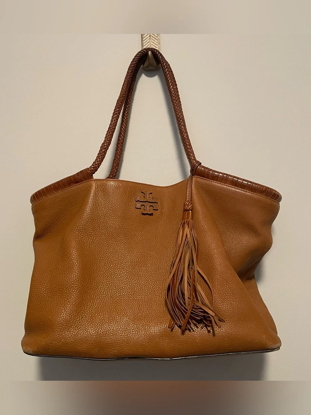 Tory Burch Taylor Tote Brown Pebbled Leather Braided Shoulder Bag Tassel Boho